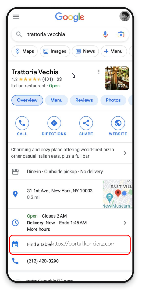 Koncierz Google Map - Find a table 